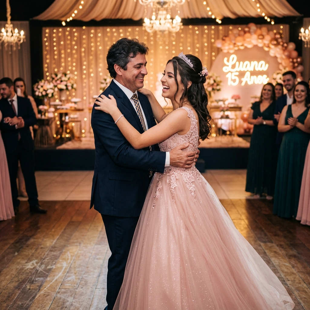 Luís Gratão dançando com a filha na festa de 15 anos